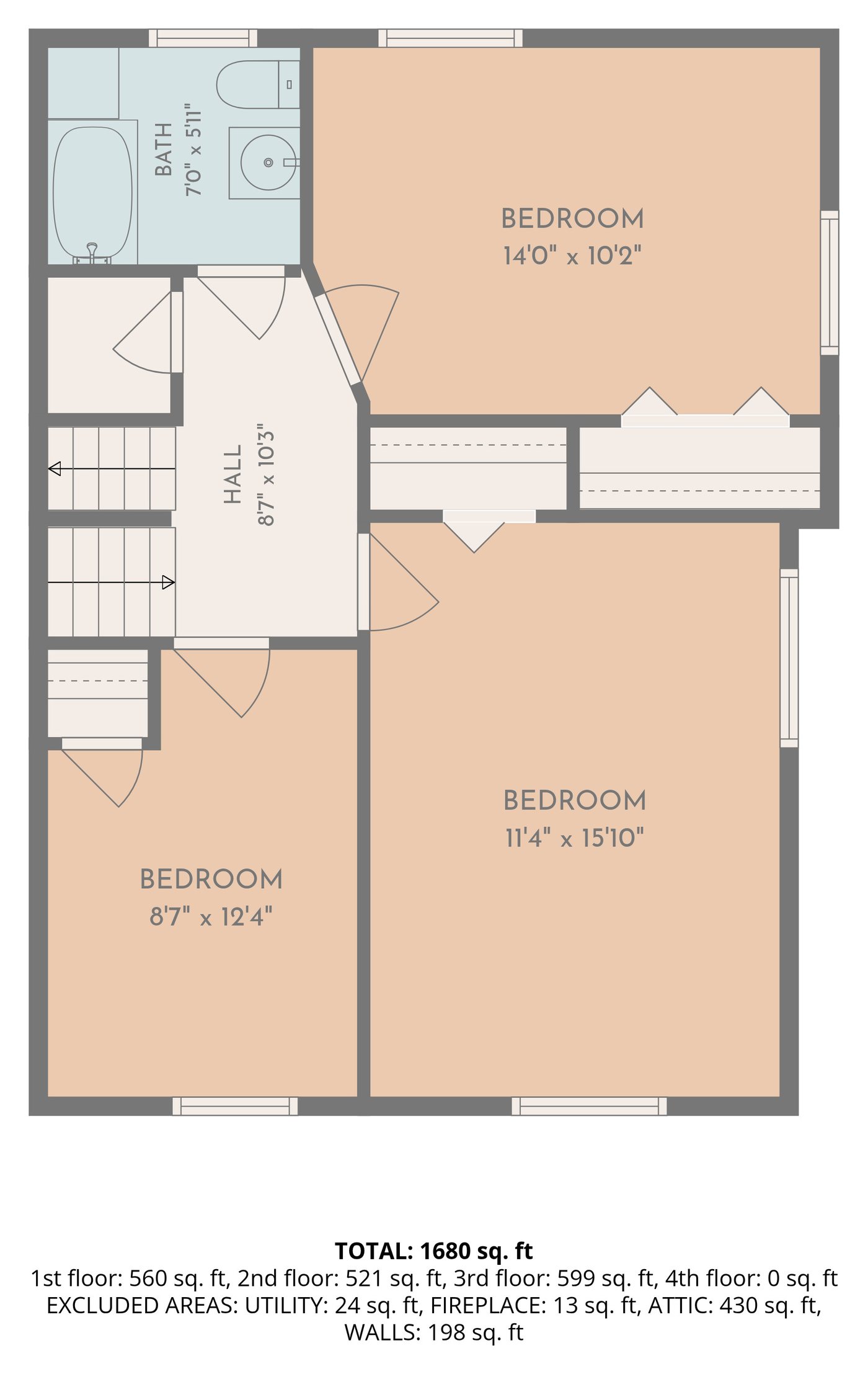 Bedroom level floor plan: three bedrooms, hall and full bathroom.