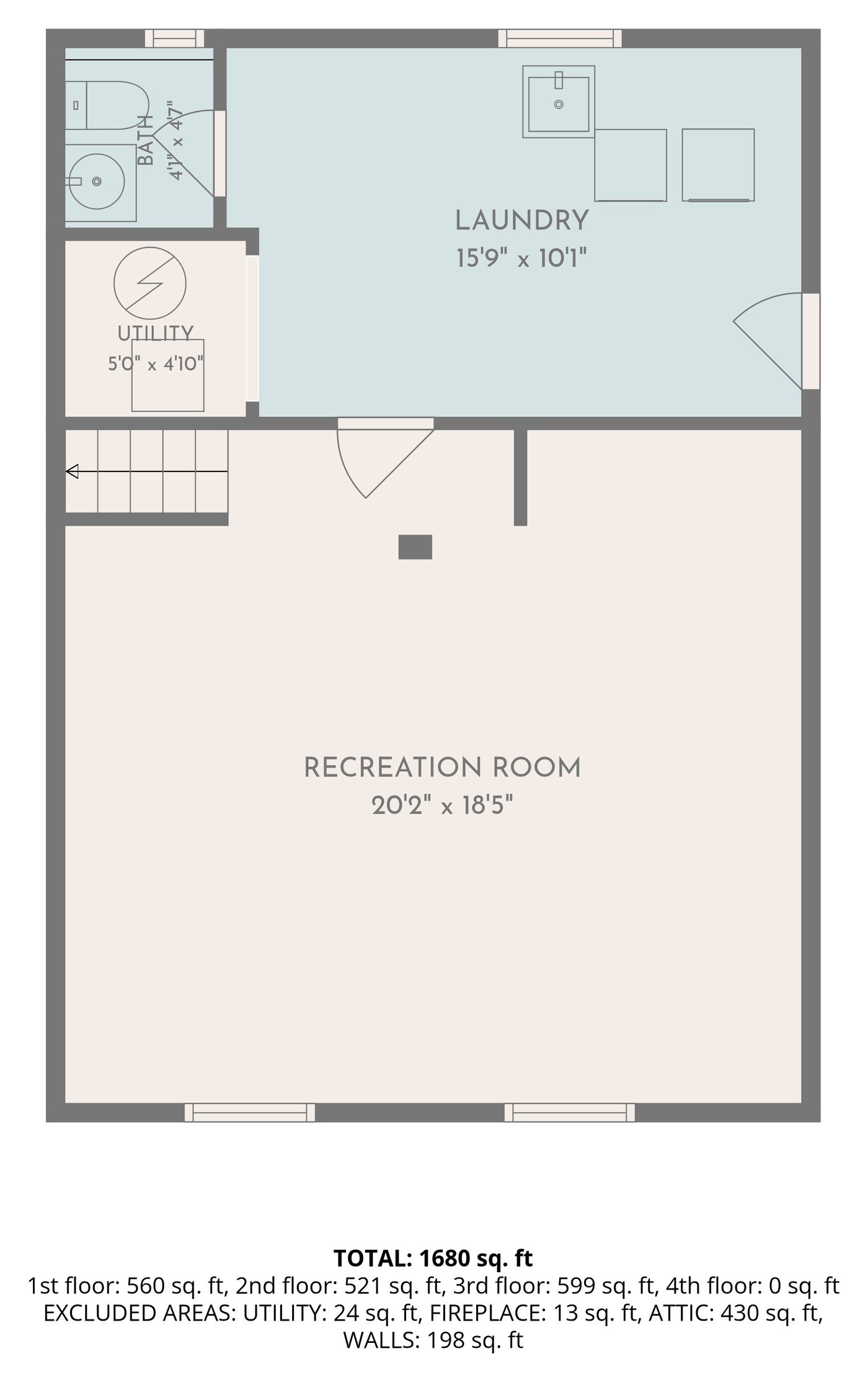 Lower level floor plan: recreation room, laundry, utility and powder room.