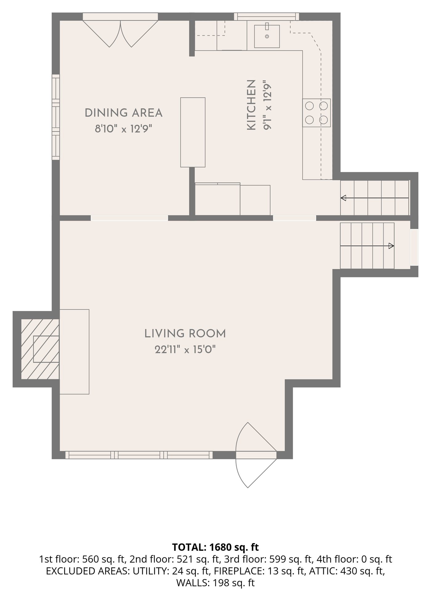 Main level floor plan: living room, dining area and kitchen.