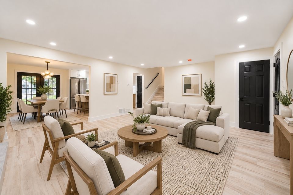Living room fireplace with its new tile base and painted brick surround, opening toward the dining area and kitchen.