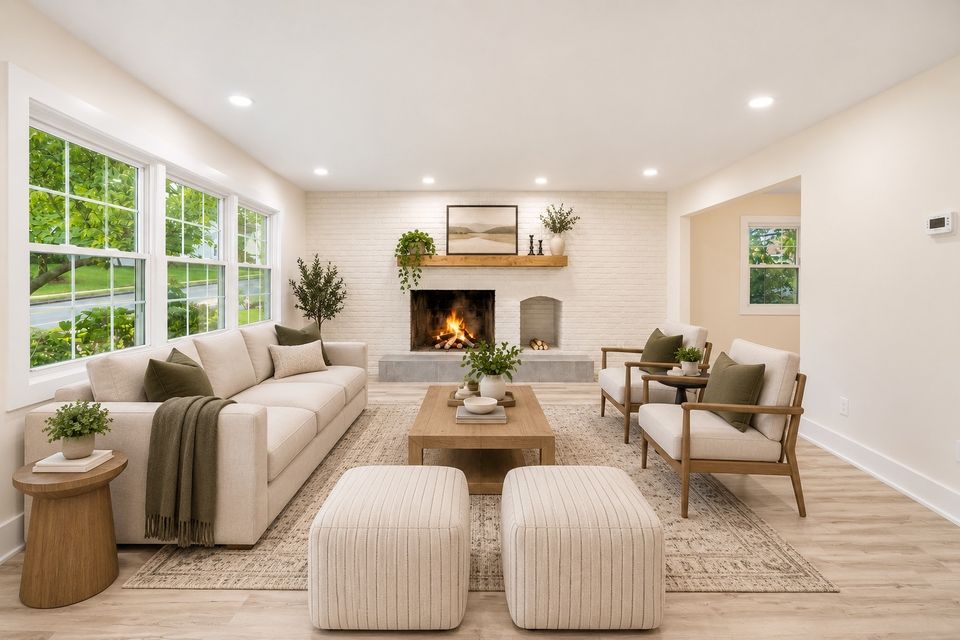 Living room after the renovation: black front door with oval glass, new wide-plank flooring, recessed lighting and the original brick fireplace painted white.