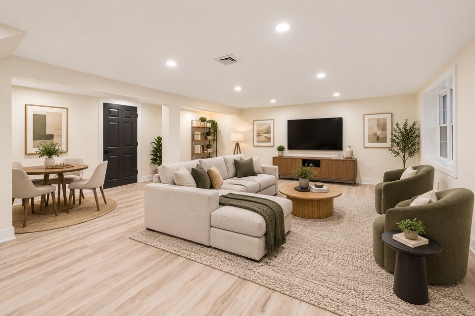 Open flow from the living room into the dining area and kitchen, with recessed lighting throughout.