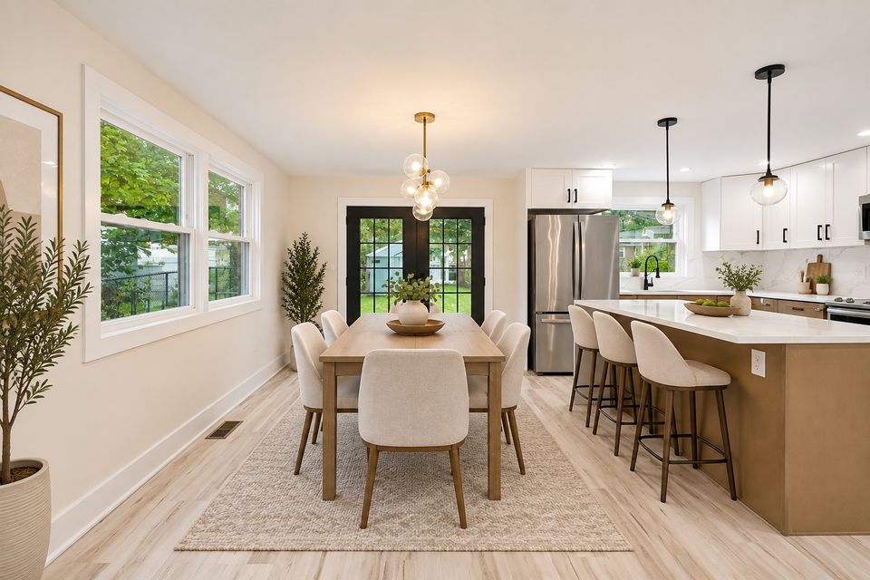 Dining area and kitchen: French doors to the rear patio, a brass-and-glass chandelier, stainless refrigerator, white upper cabinets, beige lower cabinets and a quartz waterfall island.