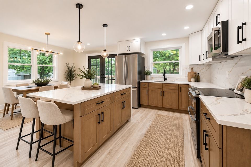 Kitchen detail: gold-veined quartz counters and full-height quartz backsplash, stainless range and microwave, black hardware and a black pull-down faucet.