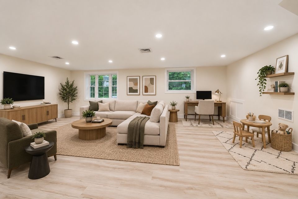 After: the finished lower-level recreation room with wide-plank flooring, white walls, recessed lighting and the stair to the main level.