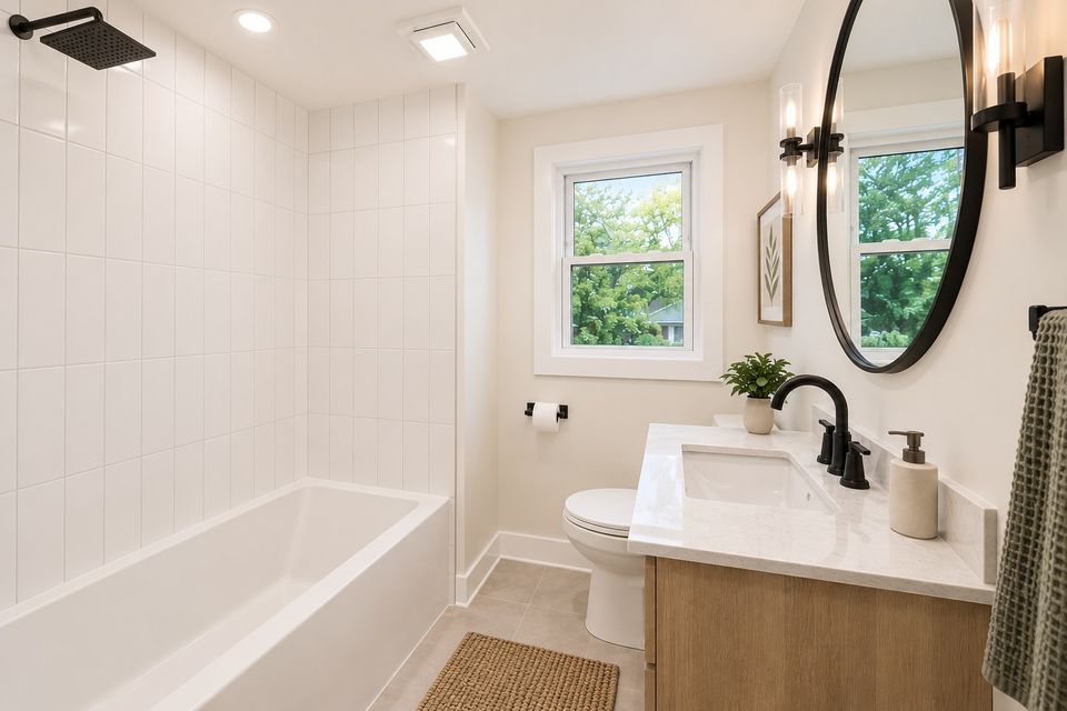 After: the renovated full bathroom with white tile to the ceiling, a new tub, wood vanity with stone top, black fixtures and a round mirror.